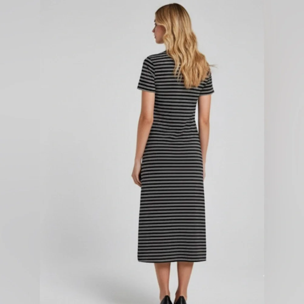 Striped T-Shirt Dress with Slit Black